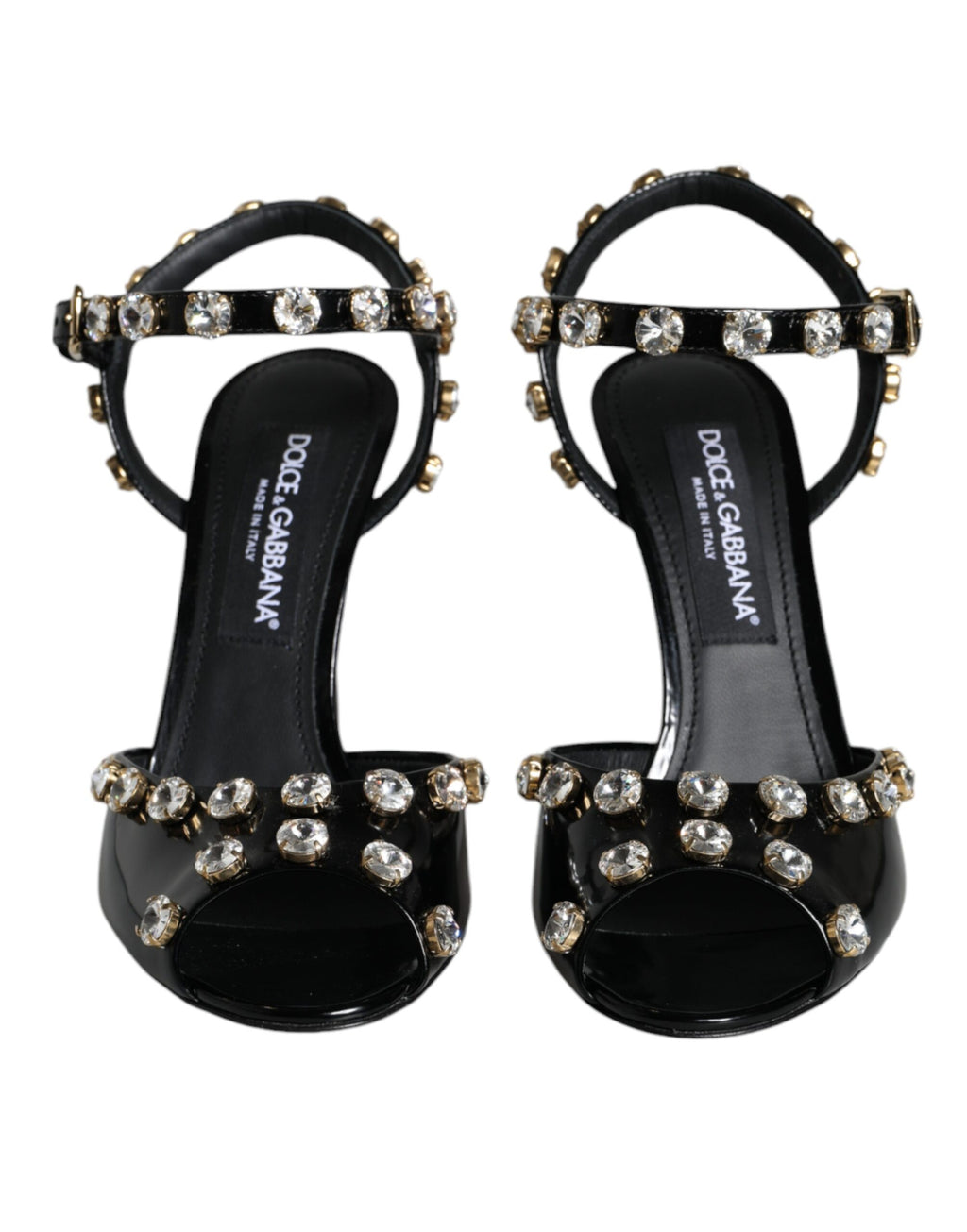 Dolce &amp; Gabbana Black Leather Crystal Ankle Strap Sandals Shoes