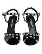 Dolce &amp; Gabbana Black Leather Crystal Ankle Strap Sandals Shoes