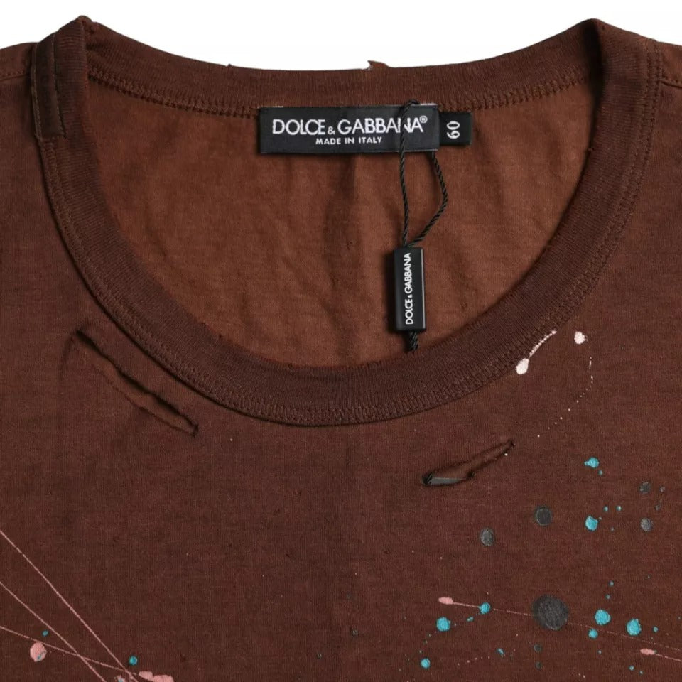 Dolce &amp; Gabbana Brown Color Splash Cotton Crew Neck T-shirt