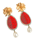 Dolce &amp; Gabbana Red Watermelon Gold Brass Crystal Clip Dangling Earrings