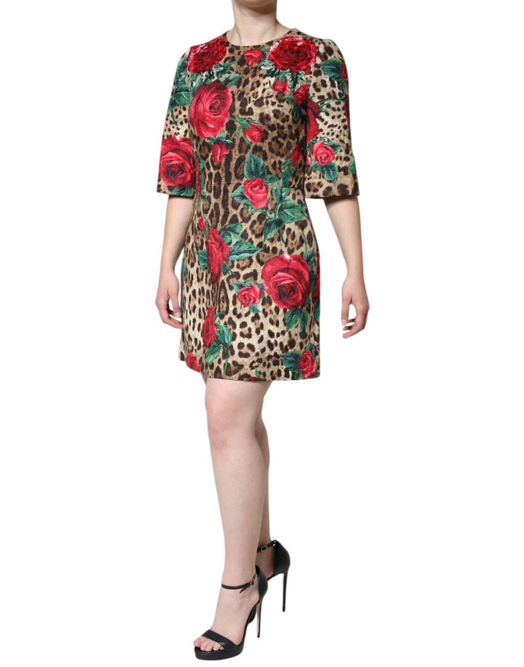 Dolce &amp; Gabbana Brown Leopard Red Roses Cotton A-line Dress