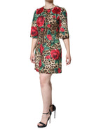 Dolce &amp; Gabbana Brown Leopard Red Roses Cotton A-line Dress