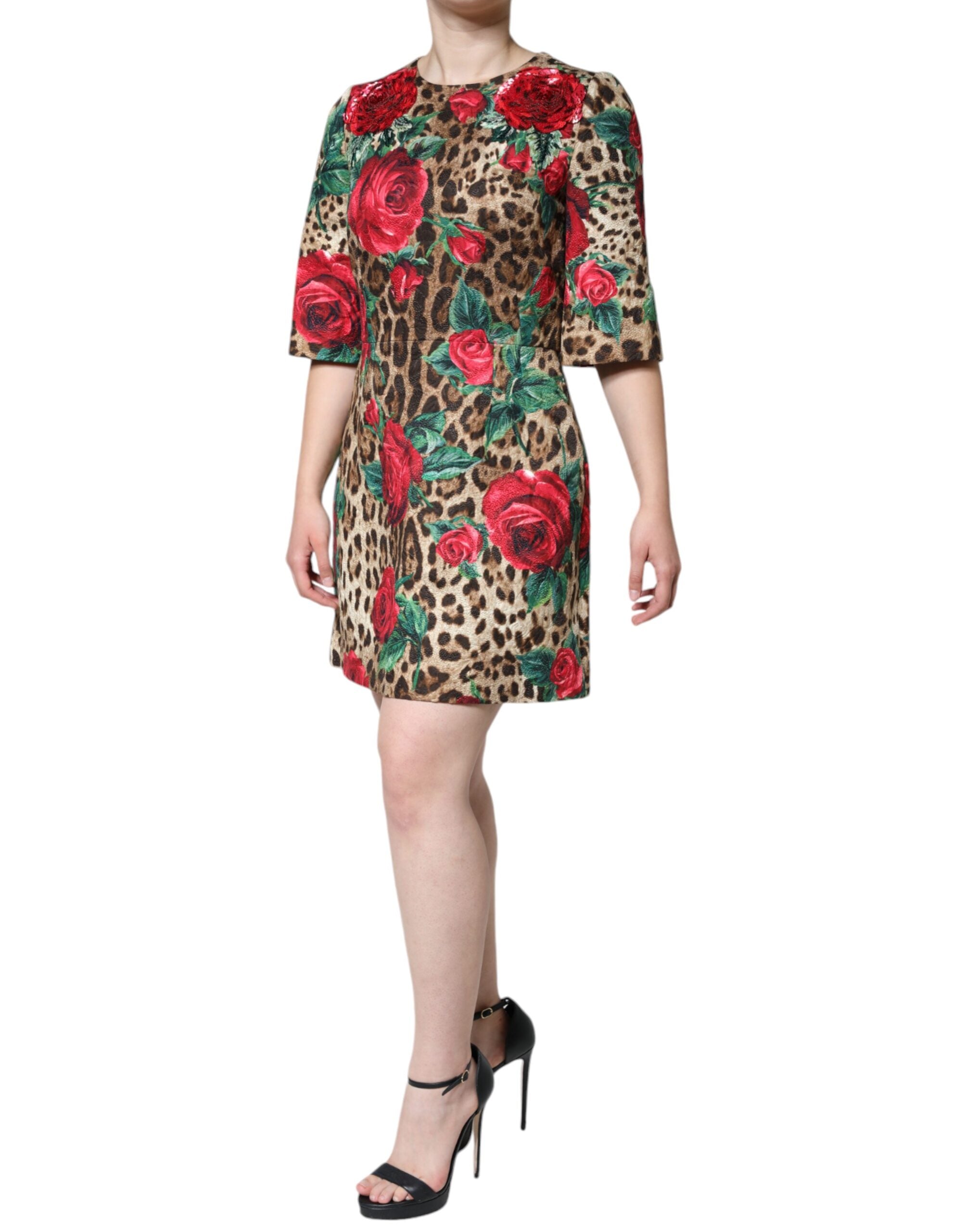 Dolce &amp; Gabbana Brown Leopard Red Roses Cotton A-line Dress