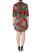 Dolce &amp; Gabbana Brown Leopard Red Roses Cotton A-line Dress