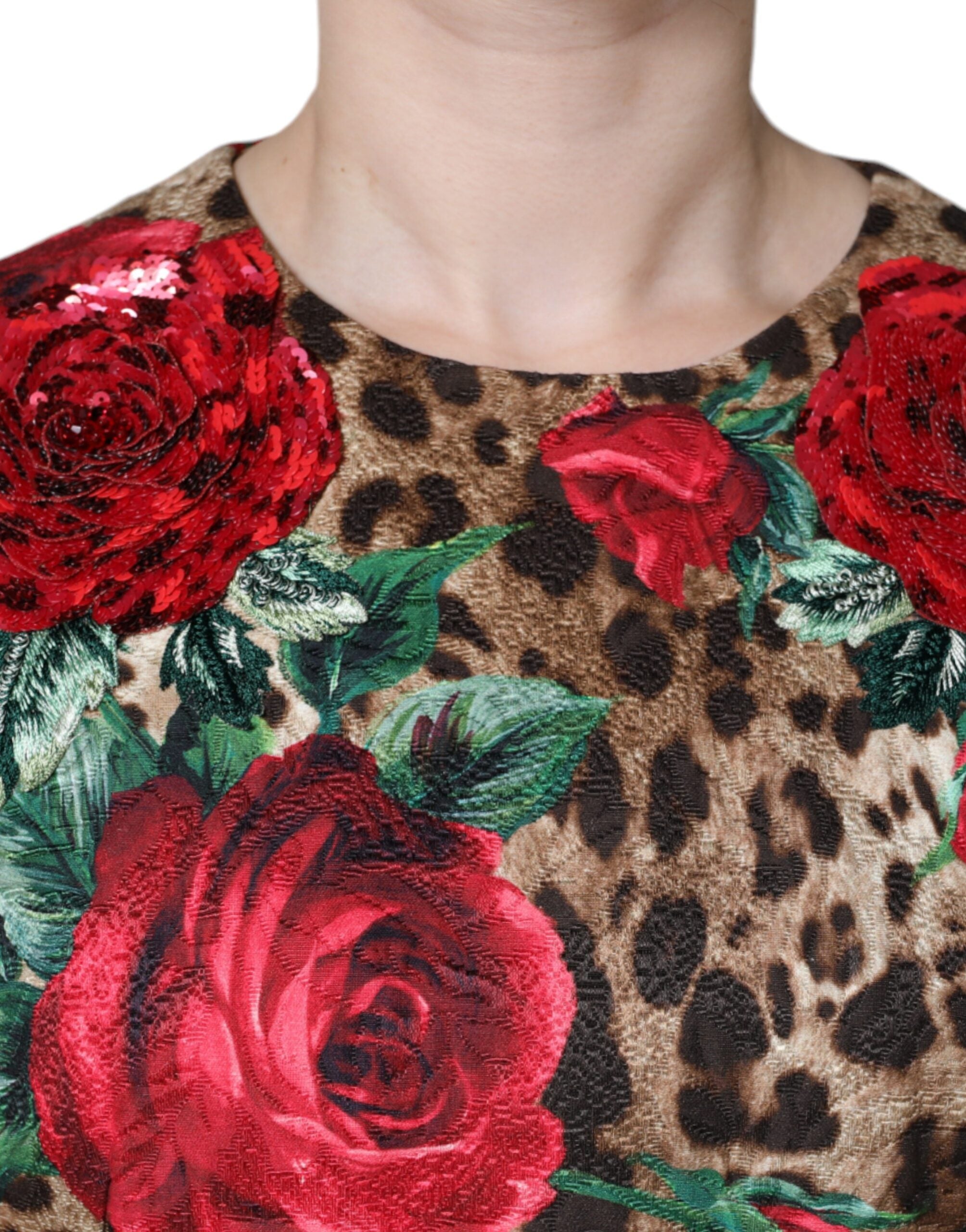 Dolce &amp; Gabbana Brown Leopard Red Roses Cotton A-line Dress