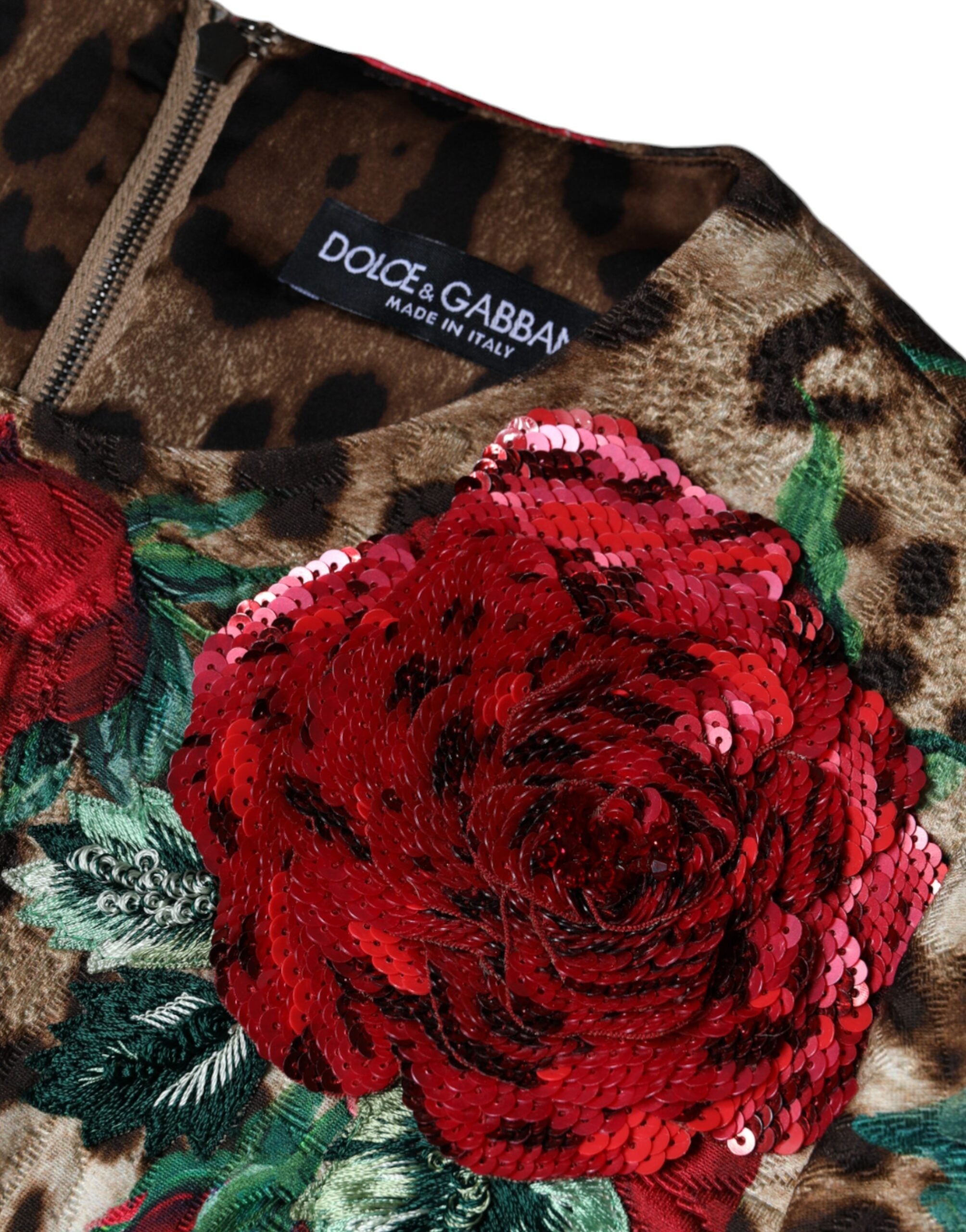 Dolce &amp; Gabbana Brown Leopard Red Roses Cotton A-line Dress