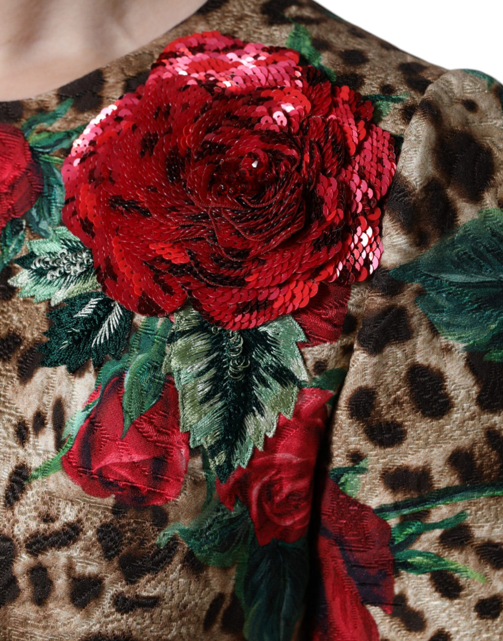 Dolce &amp; Gabbana Brown Leopard Red Roses Cotton A-line Dress