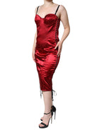 Dolce &amp; Gabbana Red Bustier Corset Lace Bodycon Midi Dress