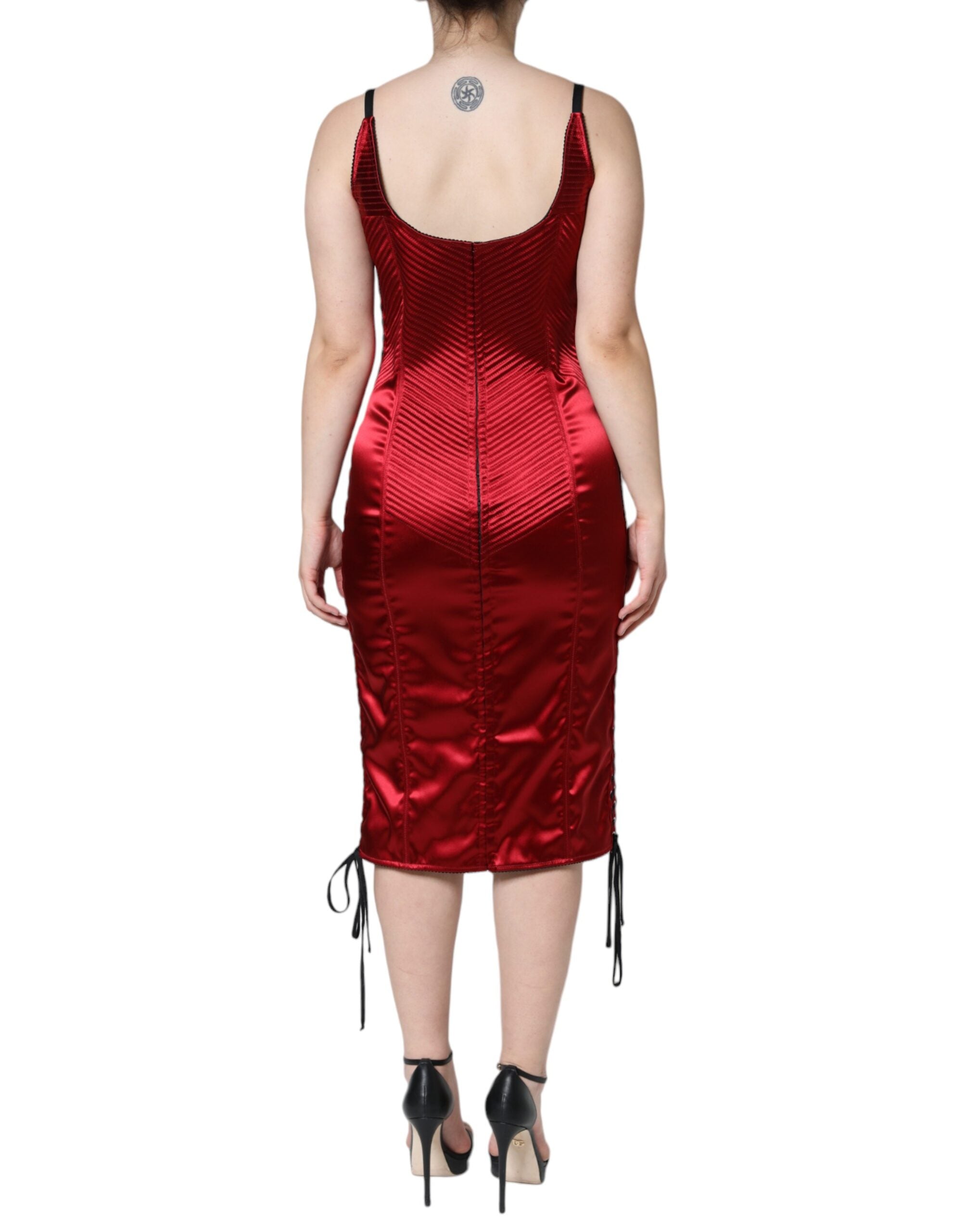 Dolce &amp; Gabbana Red Bustier Corset Lace Bodycon Midi Dress