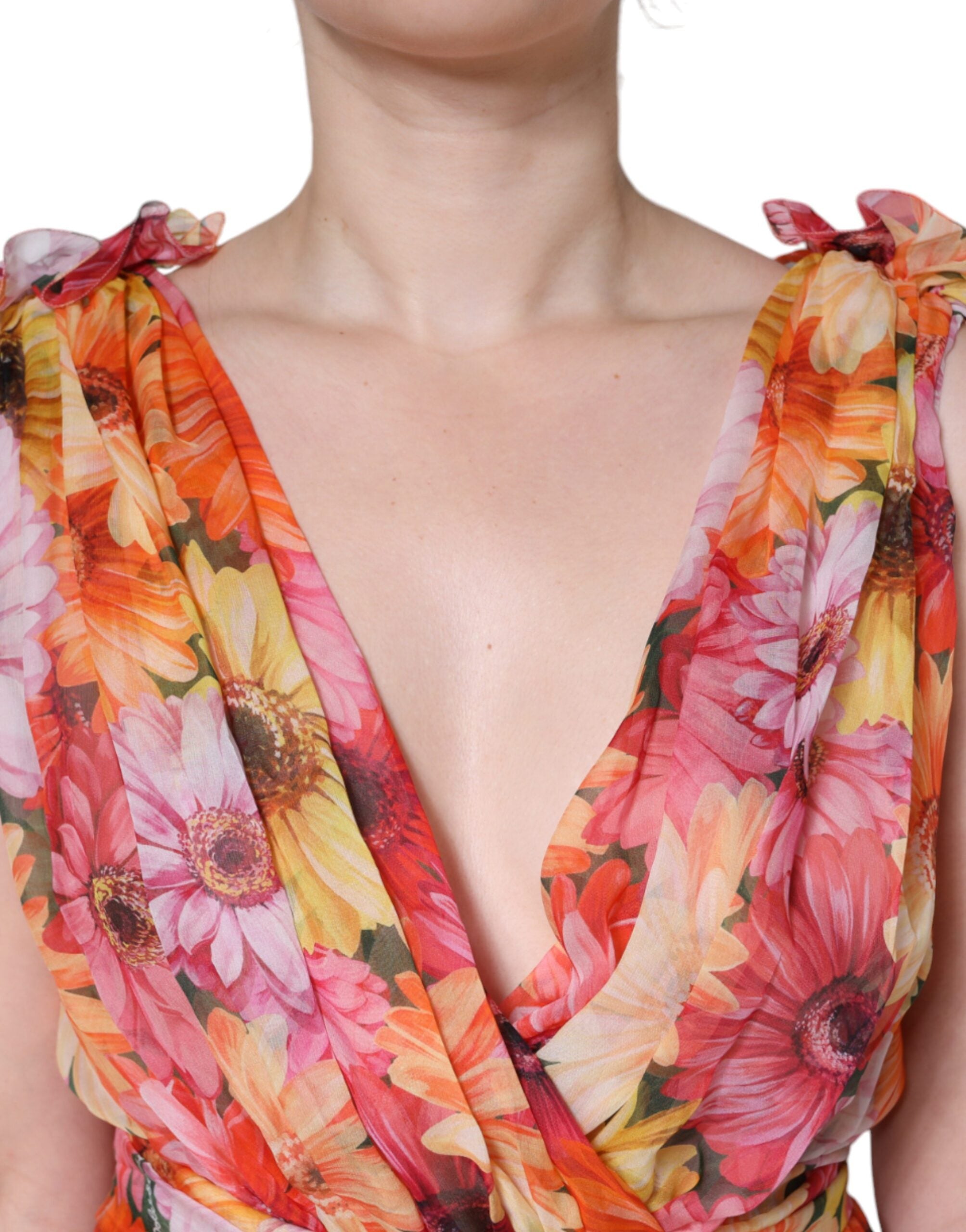 Dolce &amp; Gabbana Multicolor Floral Sleeveless V-neck Midi Dress