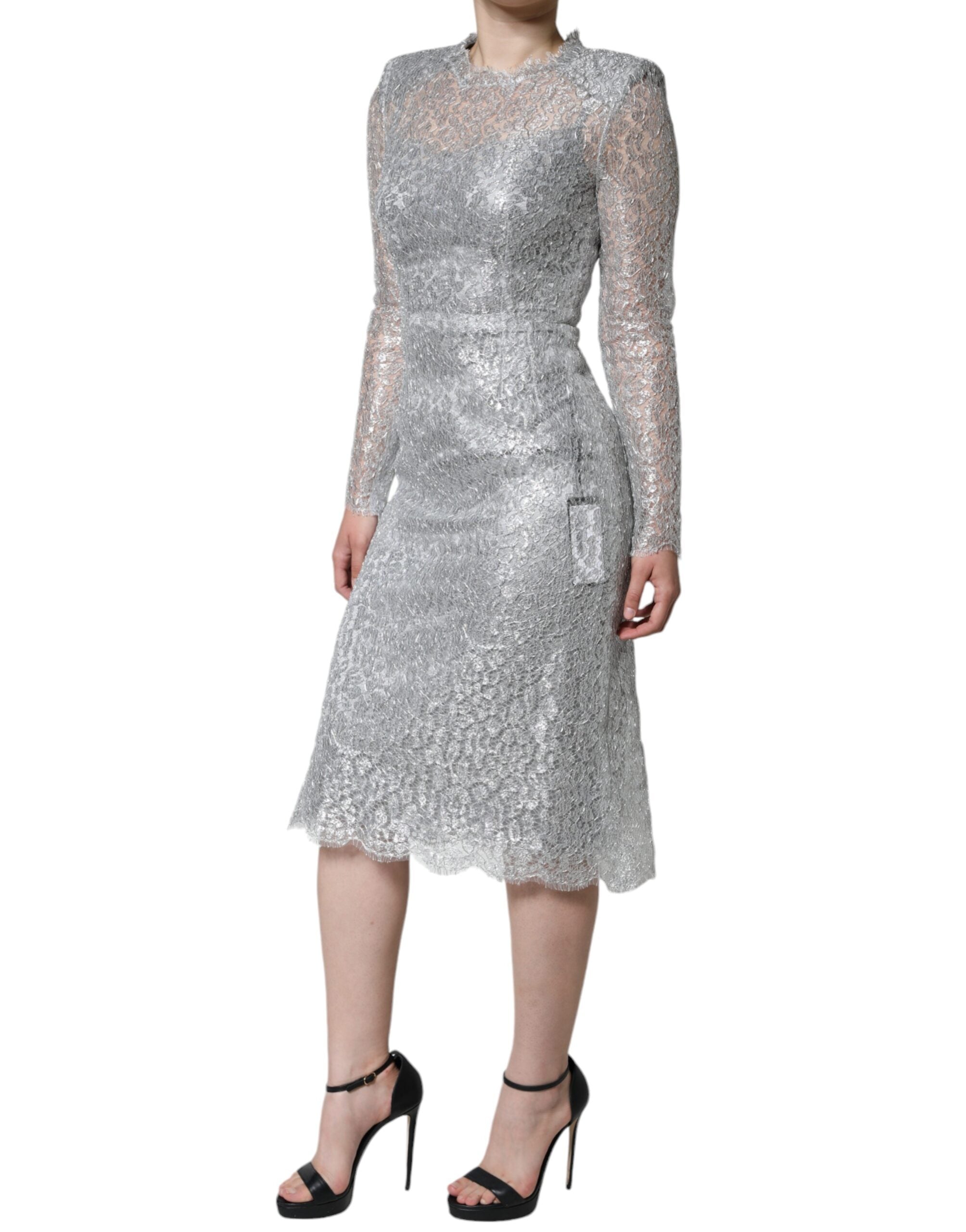 Dolce &amp; Gabbana Silver Floral Lace Bodycon Sheath Midi Dress