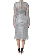 Dolce &amp; Gabbana Silver Floral Lace Bodycon Sheath Midi Dress