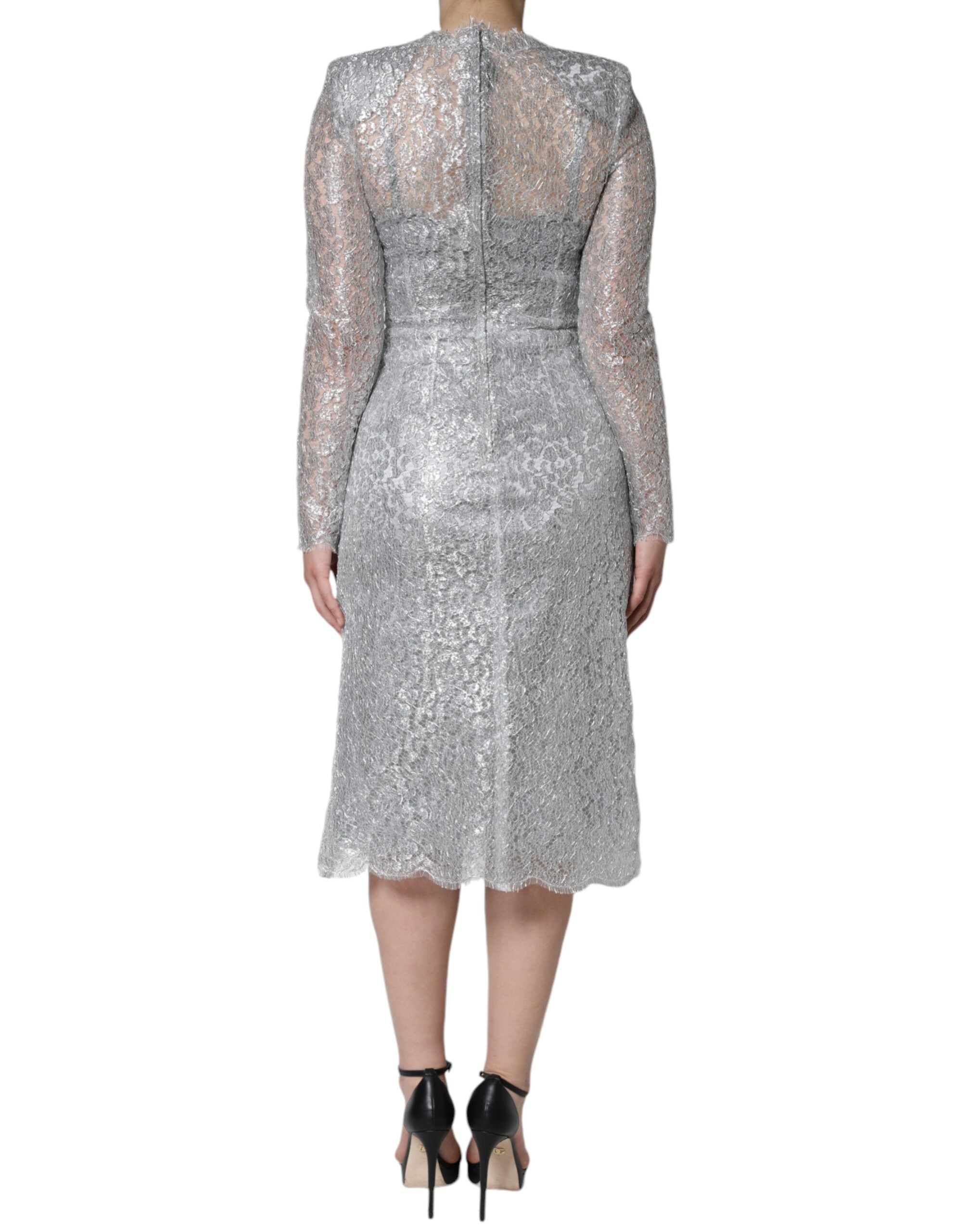 Dolce &amp; Gabbana Silver Floral Lace Bodycon Sheath Midi Dress