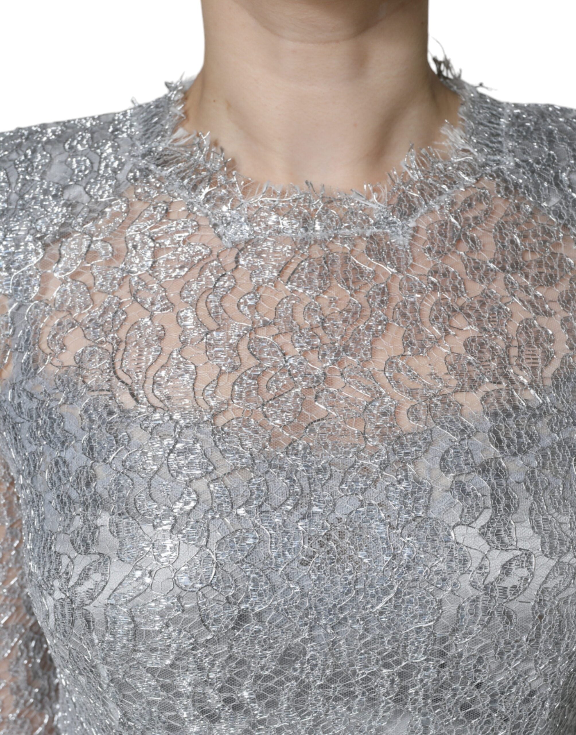 Dolce &amp; Gabbana Silver Floral Lace Bodycon Sheath Midi Dress