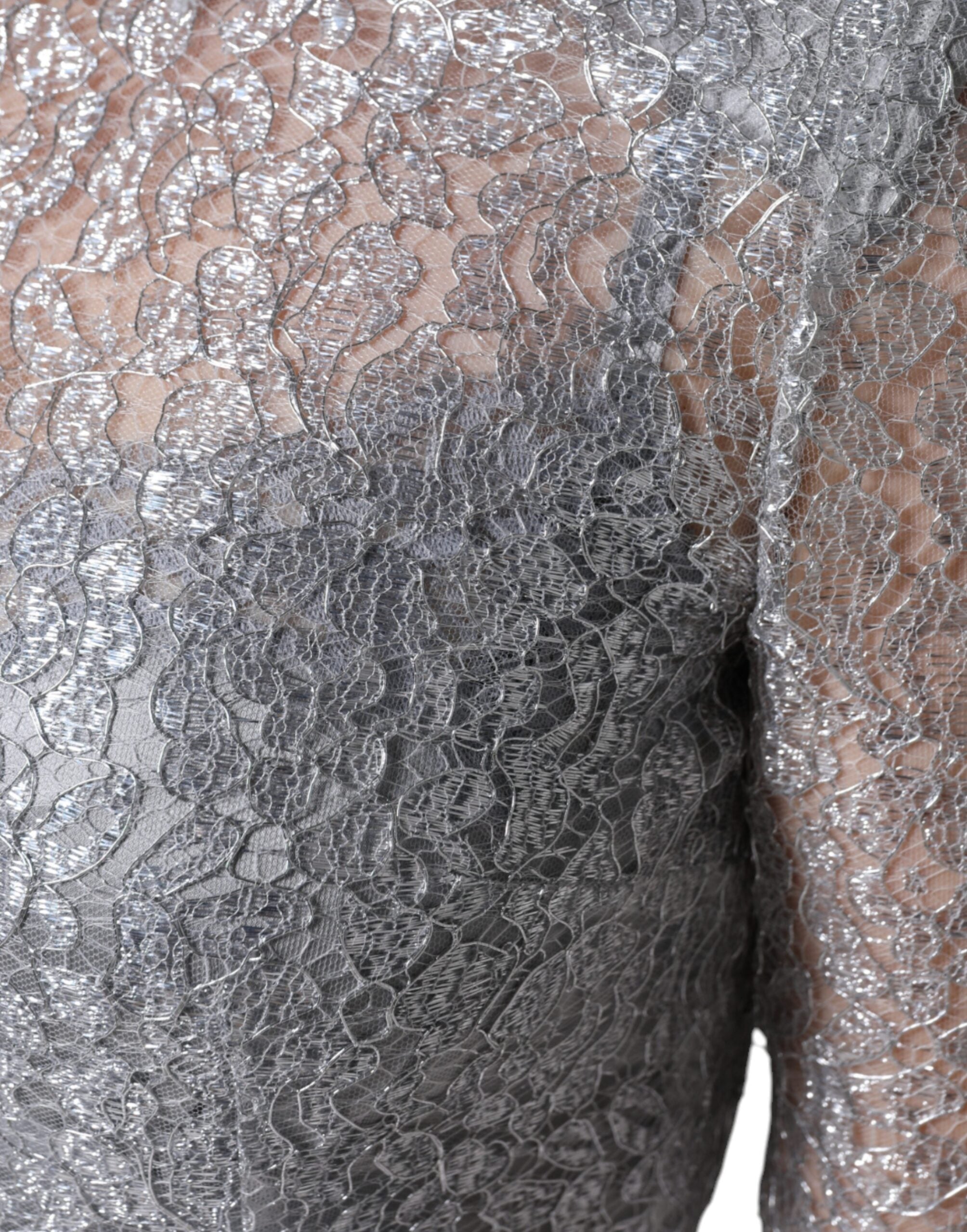 Dolce &amp; Gabbana Silver Floral Lace Bodycon Sheath Midi Dress