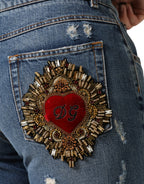 Dolce &amp; Gabbana Blue Cotton Tattered Boyfriend Denim Jeans