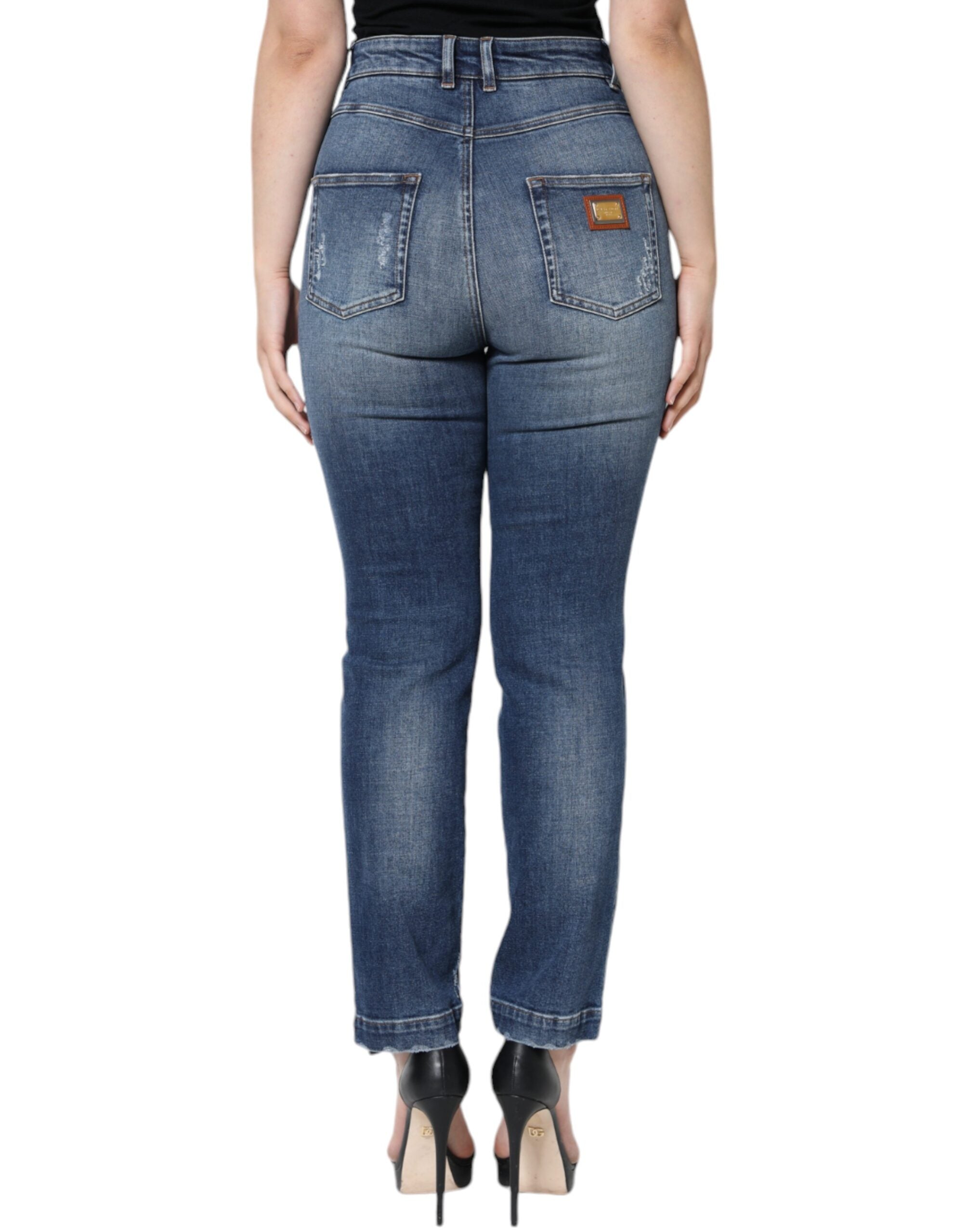 Dolce &amp; Gabbana Dark Blue Cotton Tattered Skinny Denim Jeans