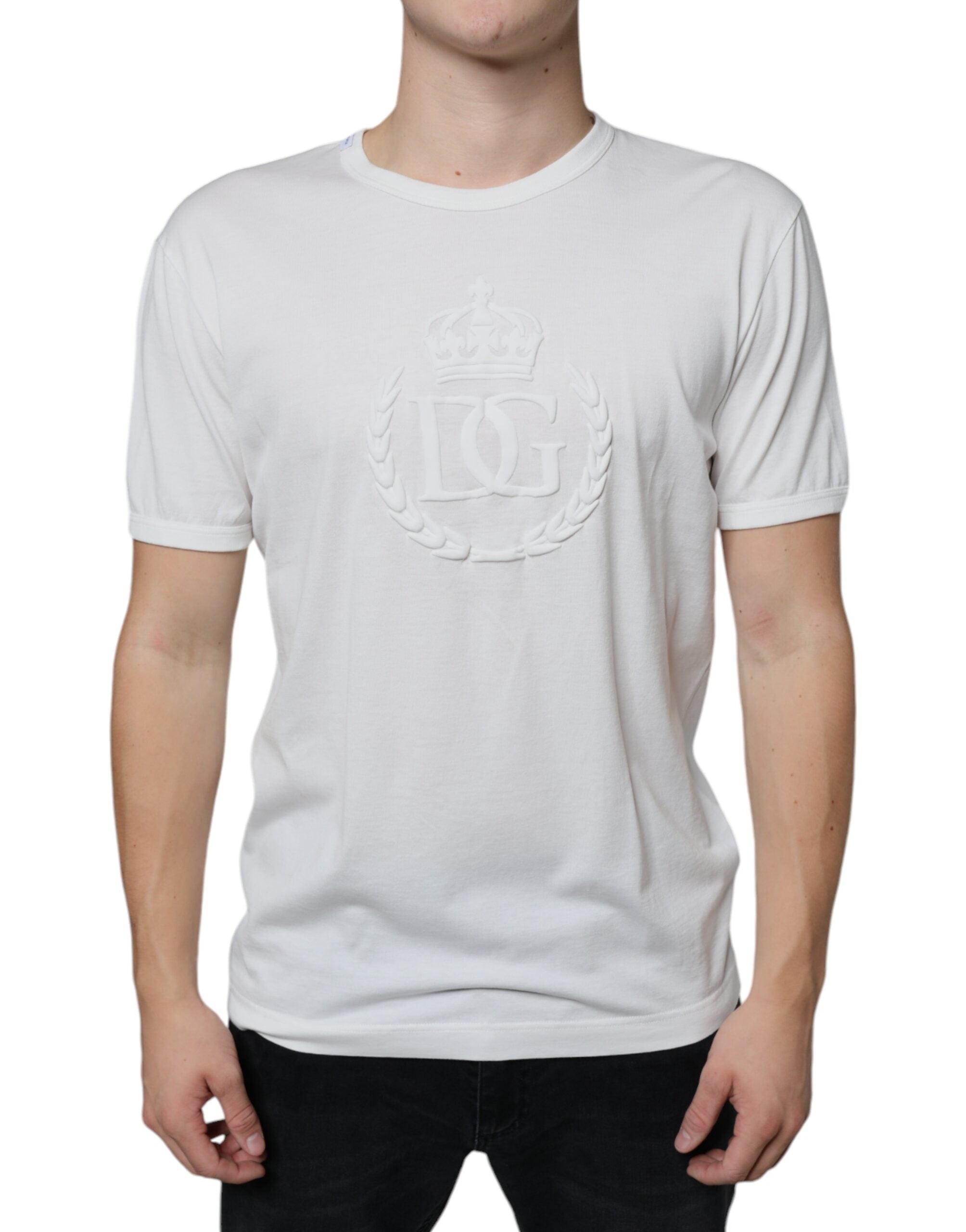 Dolce &amp; Gabbana White Logo Embossed Cotton Crewneck T-shirt