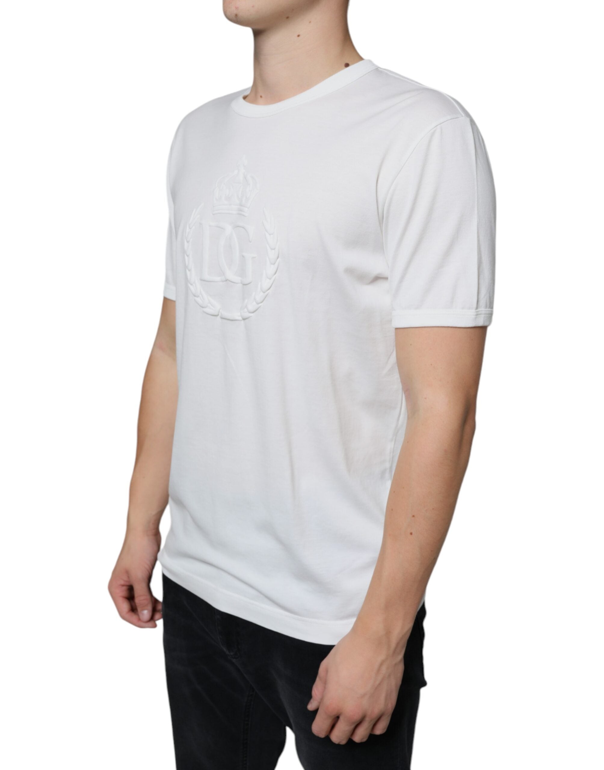 Dolce &amp; Gabbana White Logo Embossed Cotton Crewneck T-shirt