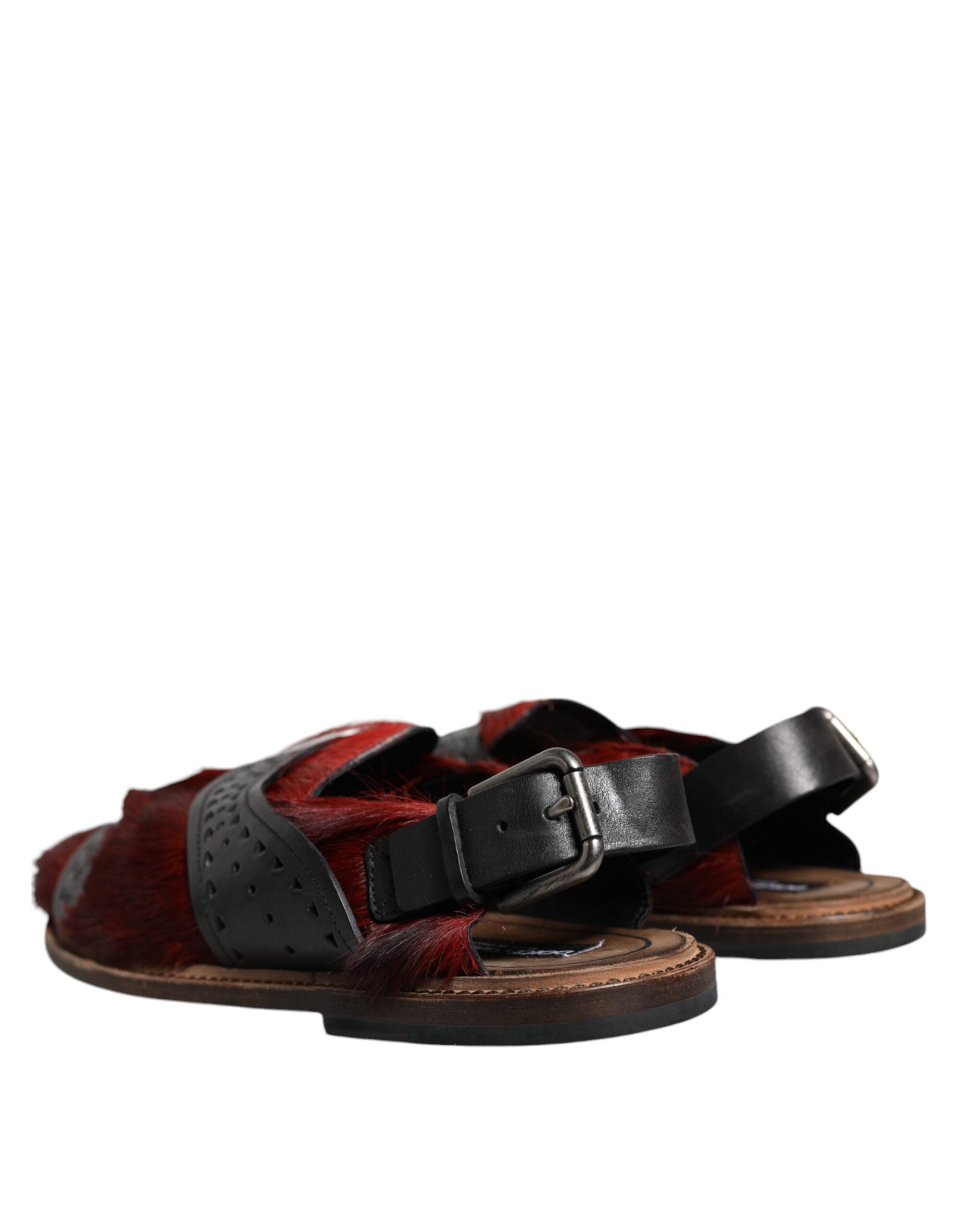 Dolce &amp; Gabbana Black Red Gazelle Hair Leather Sandals Shoes