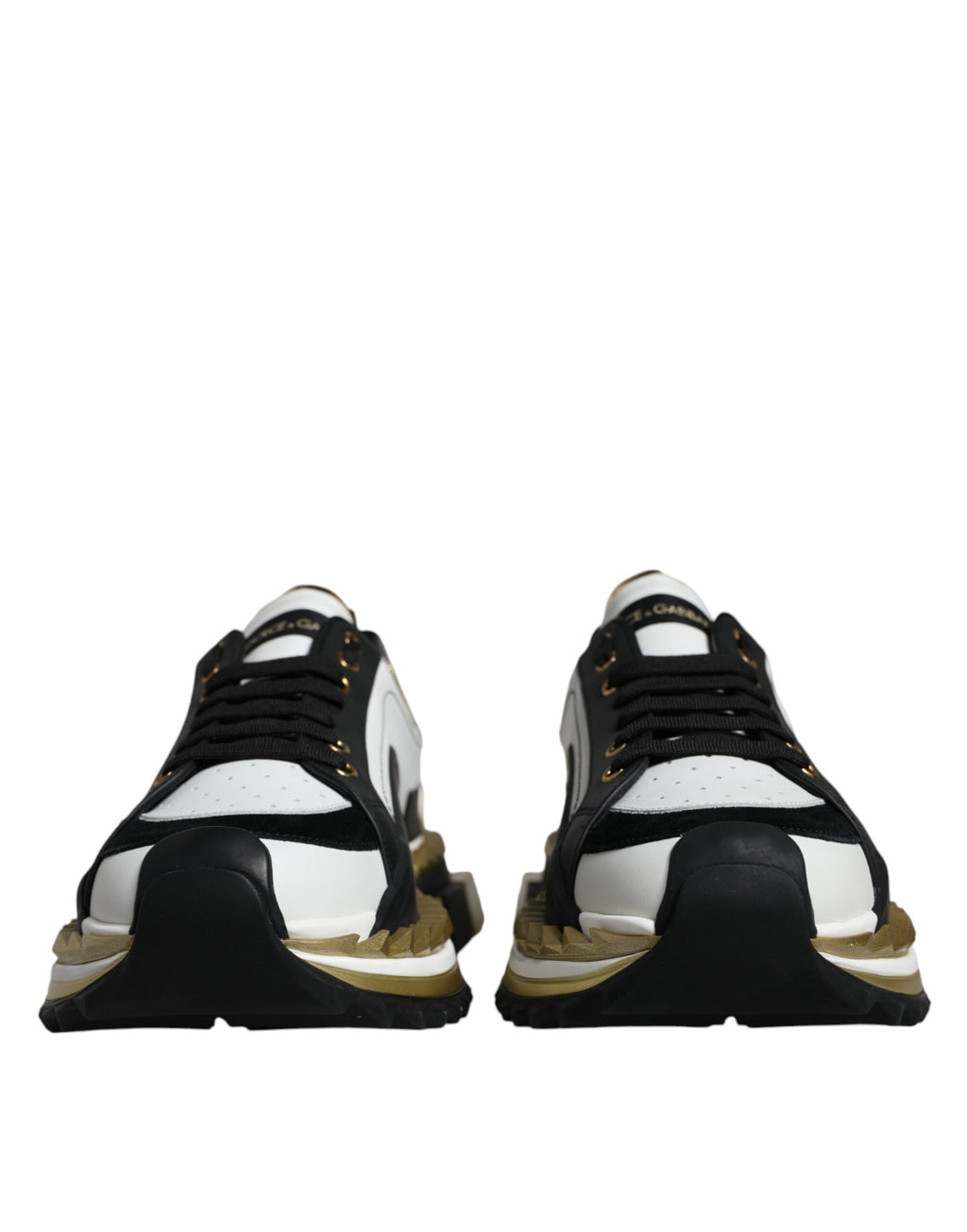 Dolce &amp; Gabbana White Gold Black Leather SUPER KING Sneakers Shoes