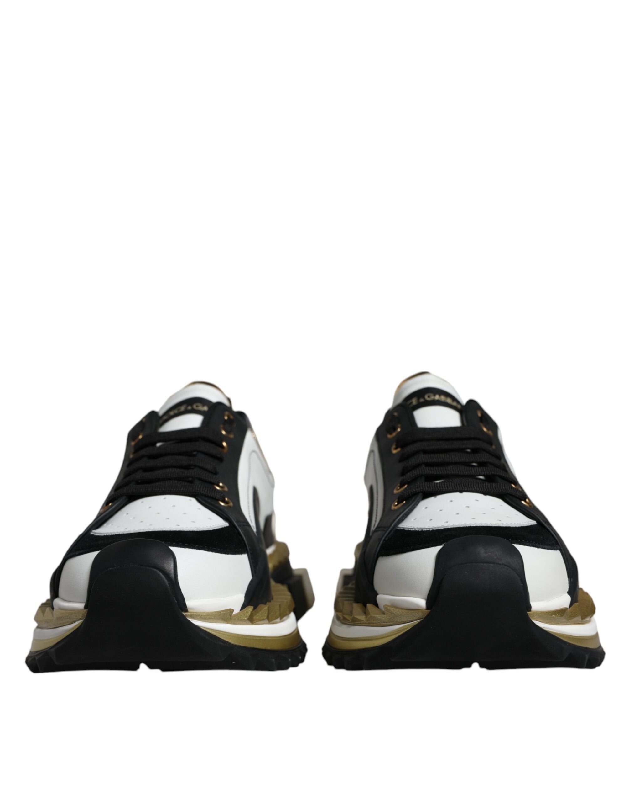 Dolce &amp; Gabbana White Gold Black Leather SUPER KING Sneakers Shoes