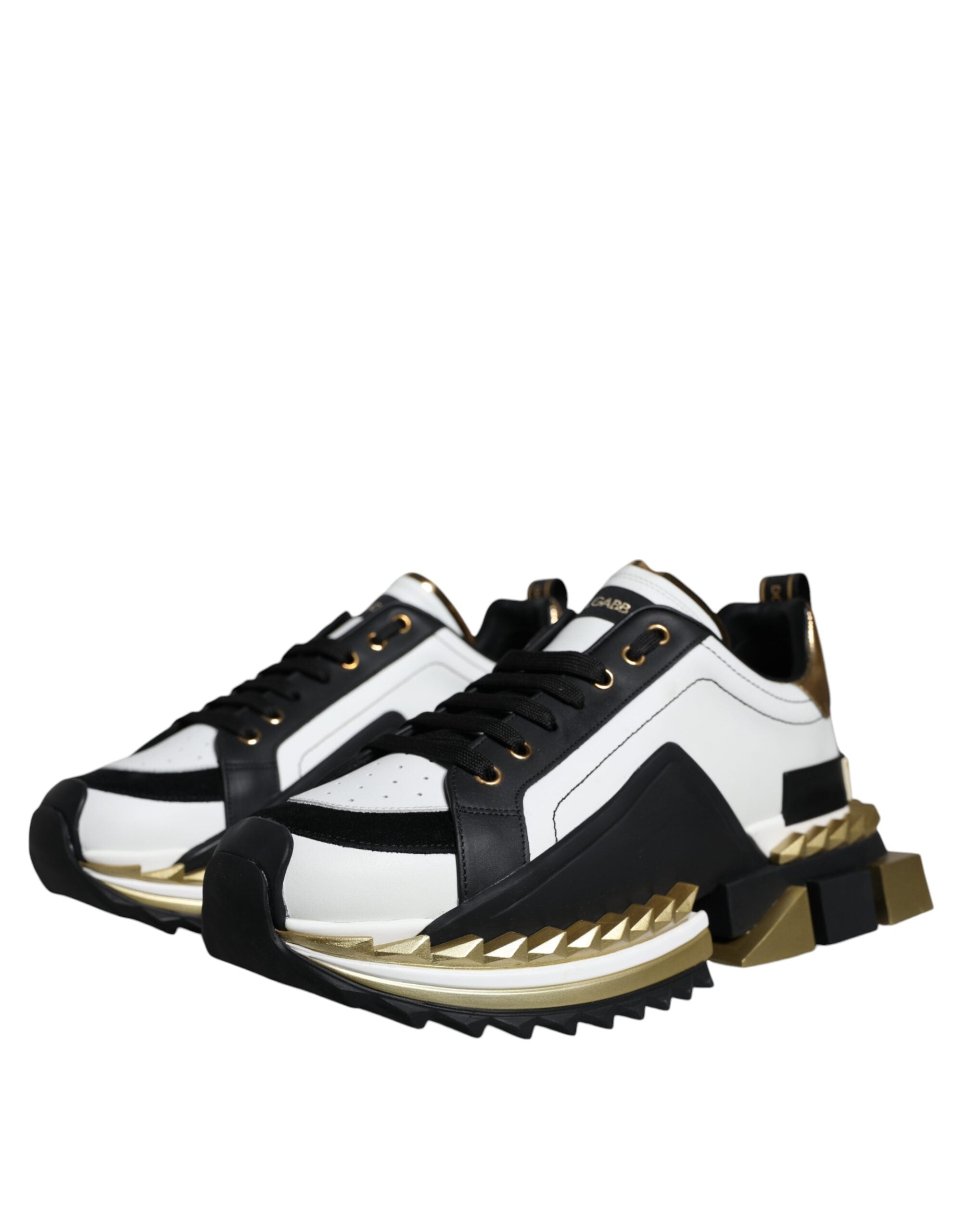 Dolce &amp; Gabbana White Gold Black Leather SUPER KING Sneakers Shoes