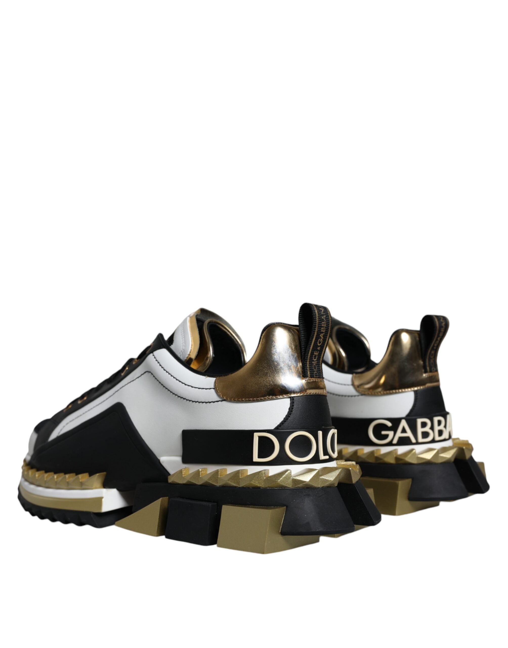Dolce &amp; Gabbana White Gold Black Leather SUPER KING Sneakers Shoes