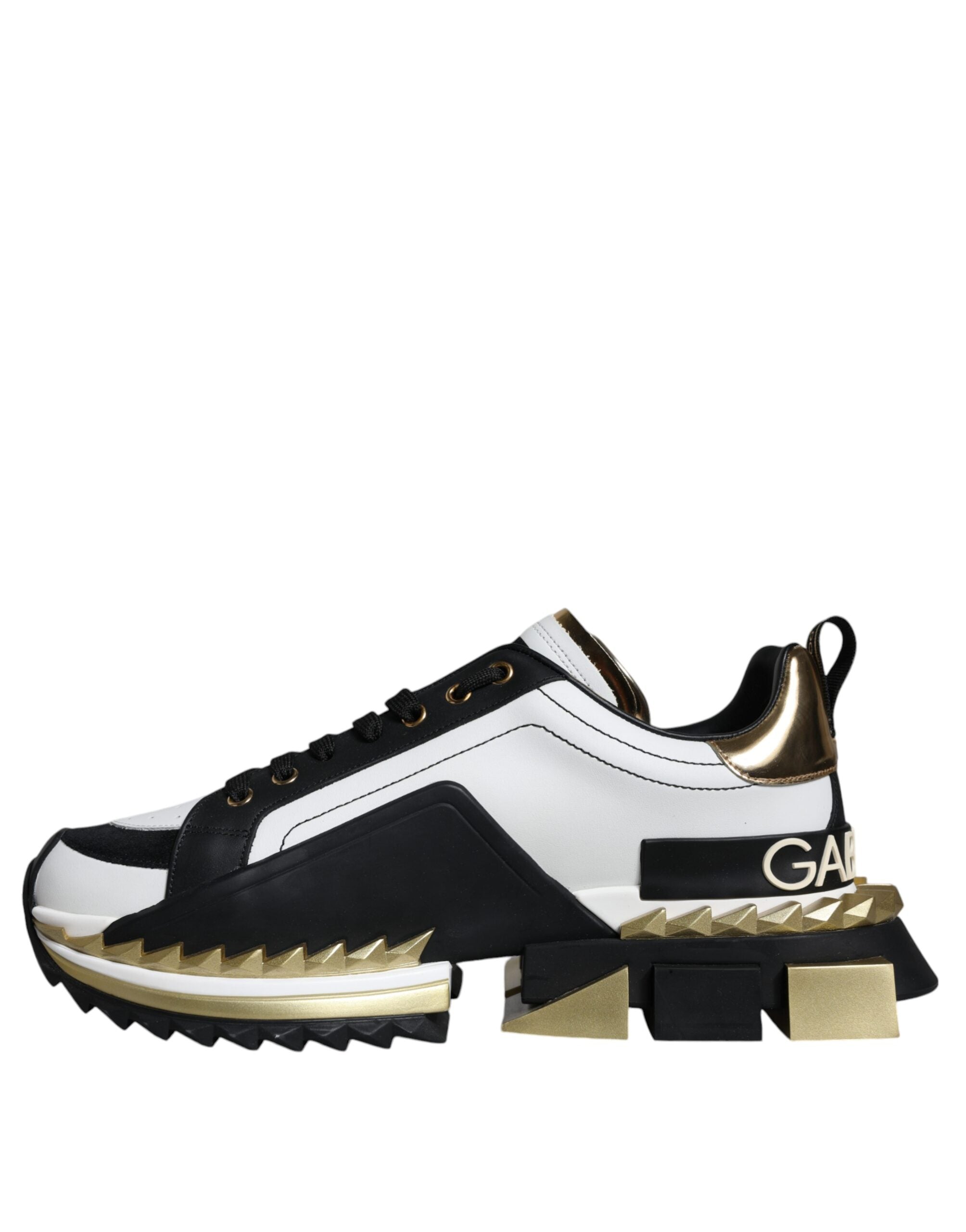 Dolce &amp; Gabbana White Gold Black Leather SUPER KING Sneakers Shoes