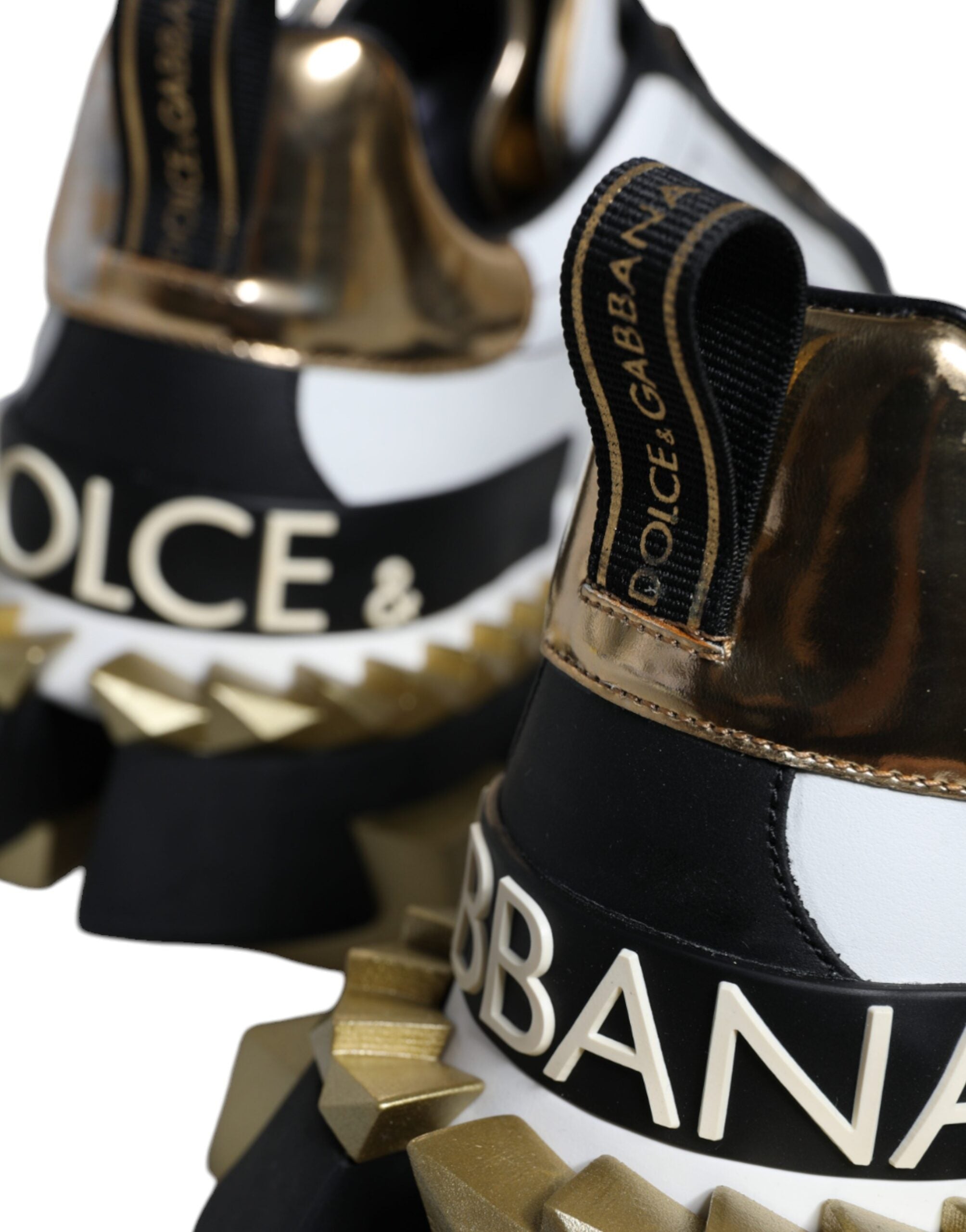 Dolce &amp; Gabbana White Gold Black Leather SUPER KING Sneakers Shoes