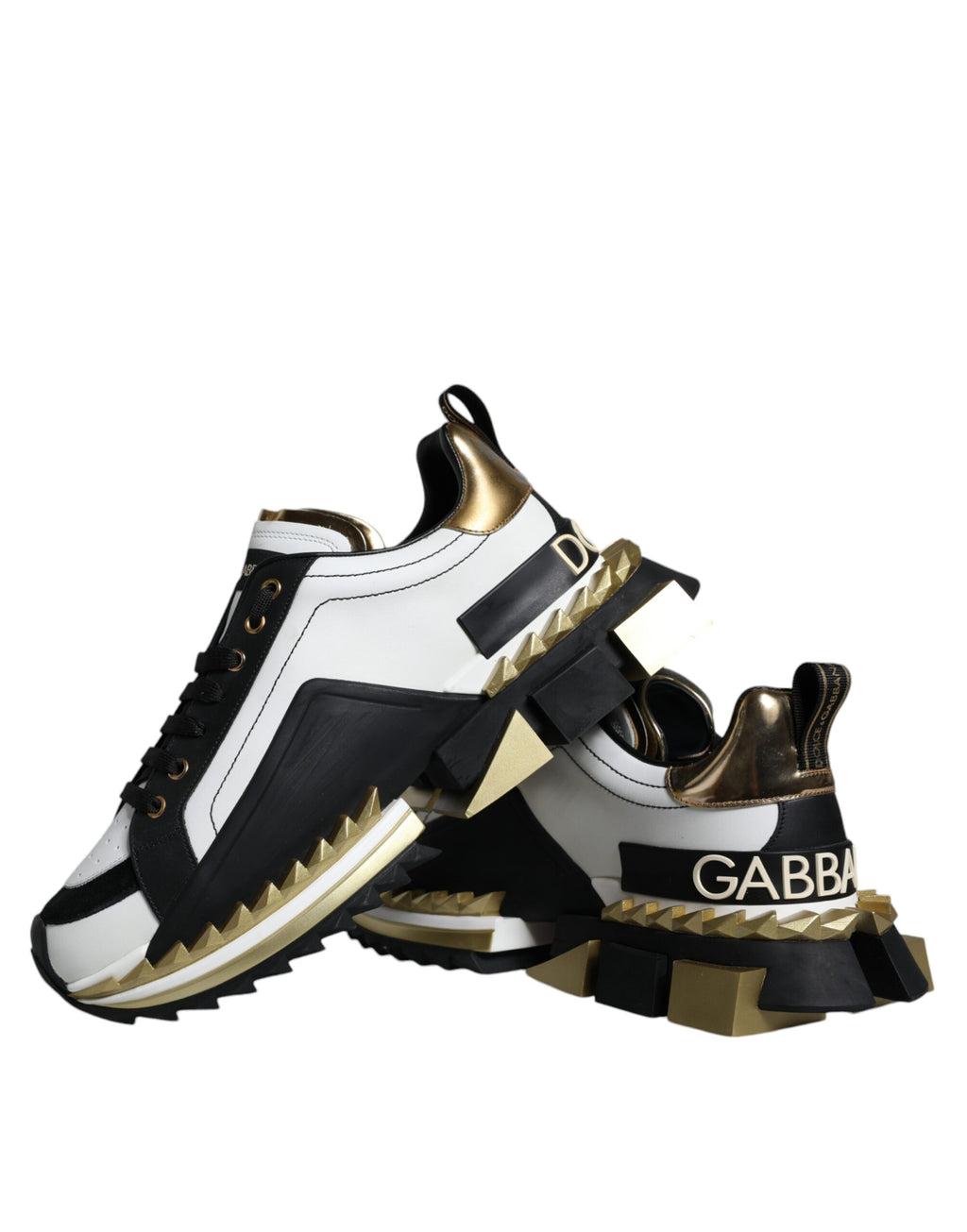 Dolce &amp; Gabbana White Gold Black Leather SUPER KING Sneakers Shoes