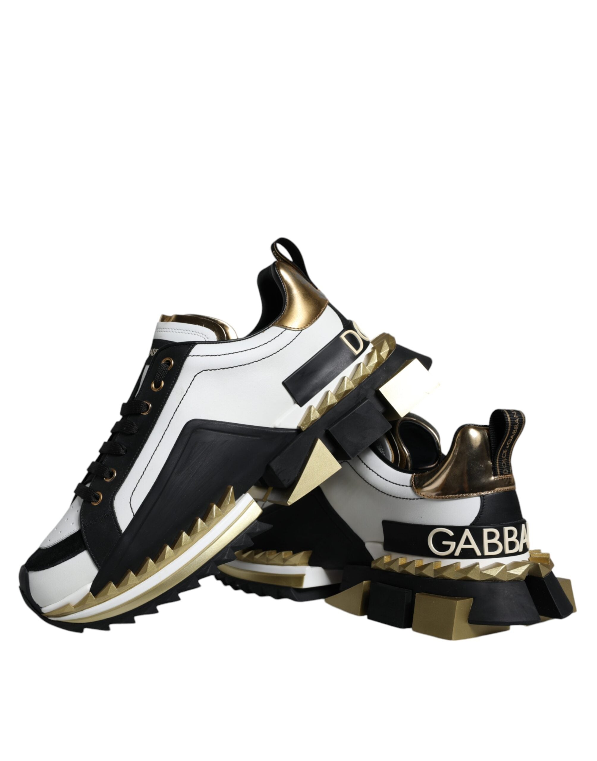 Dolce &amp; Gabbana White Gold Black Leather SUPER KING Sneakers Shoes