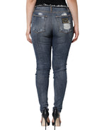 Dolce &amp; Gabbana Blue Cotton Stretch Tattered Skinny Jeans