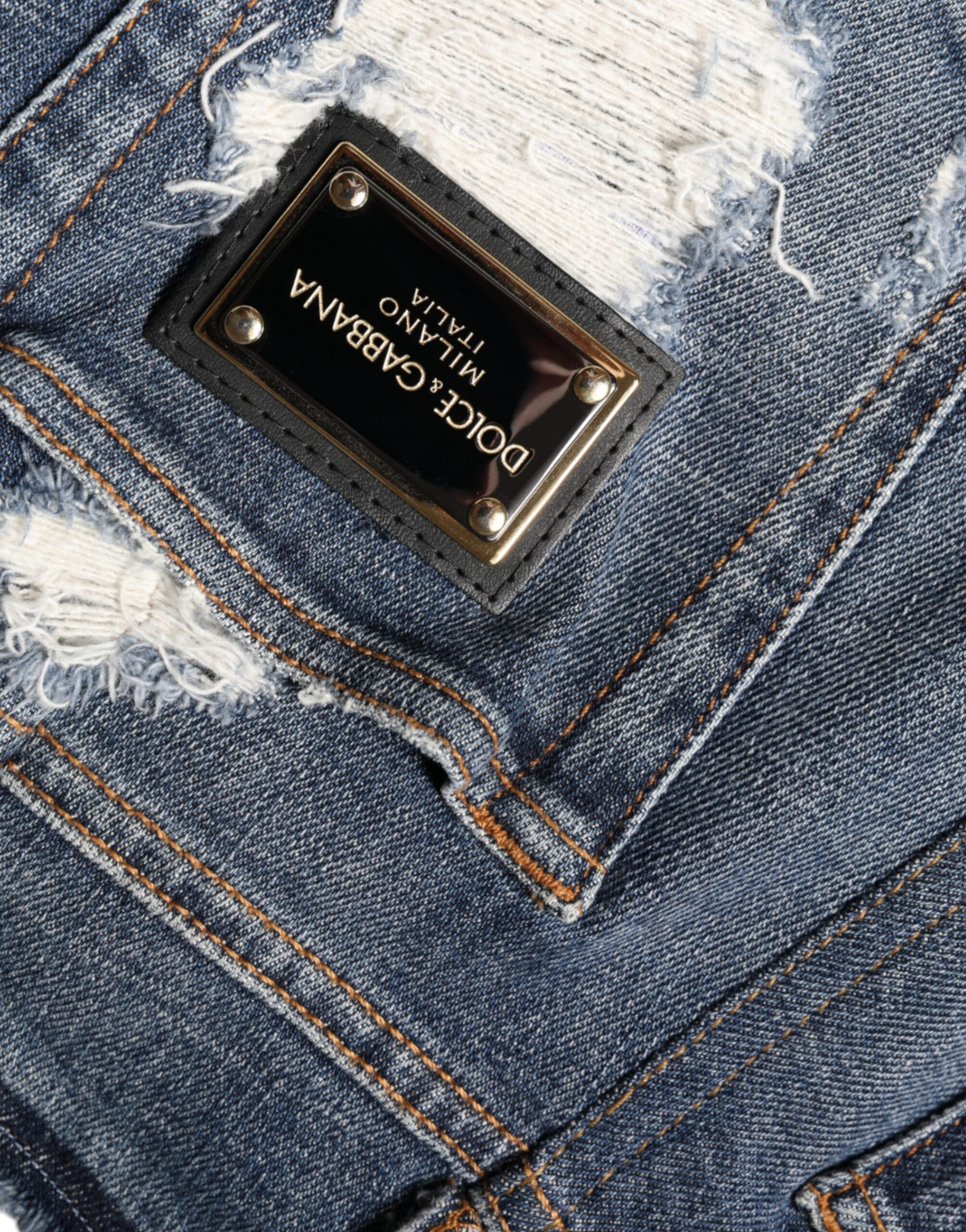 Dolce &amp; Gabbana Blue Cotton Stretch Tattered Skinny Jeans