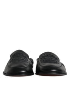 Dolce &amp; Gabbana Black Logo Embroidered Leather Loafer Men Dress Shoes