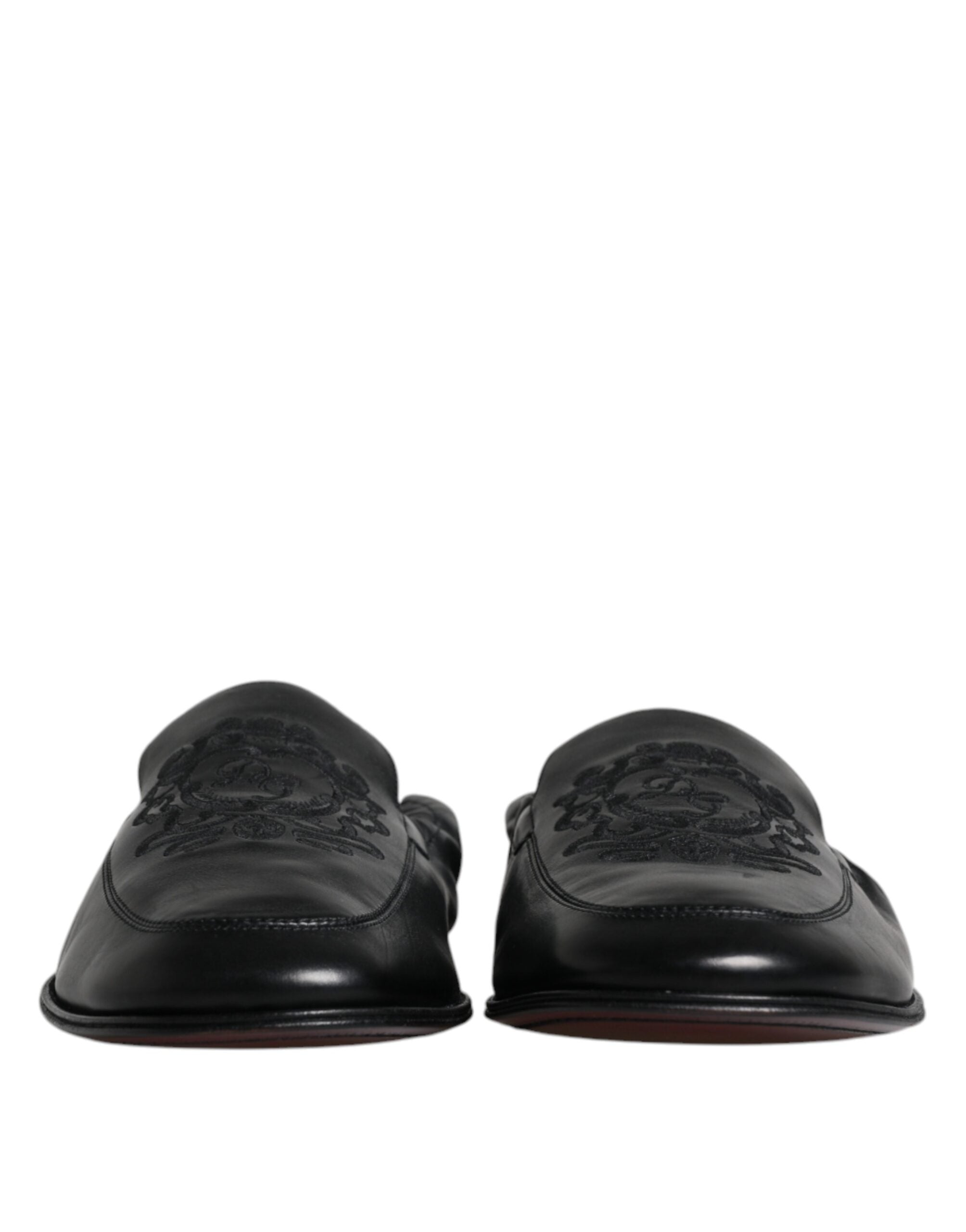 Dolce &amp; Gabbana Black Logo Embroidered Leather Loafer Men Dress Shoes