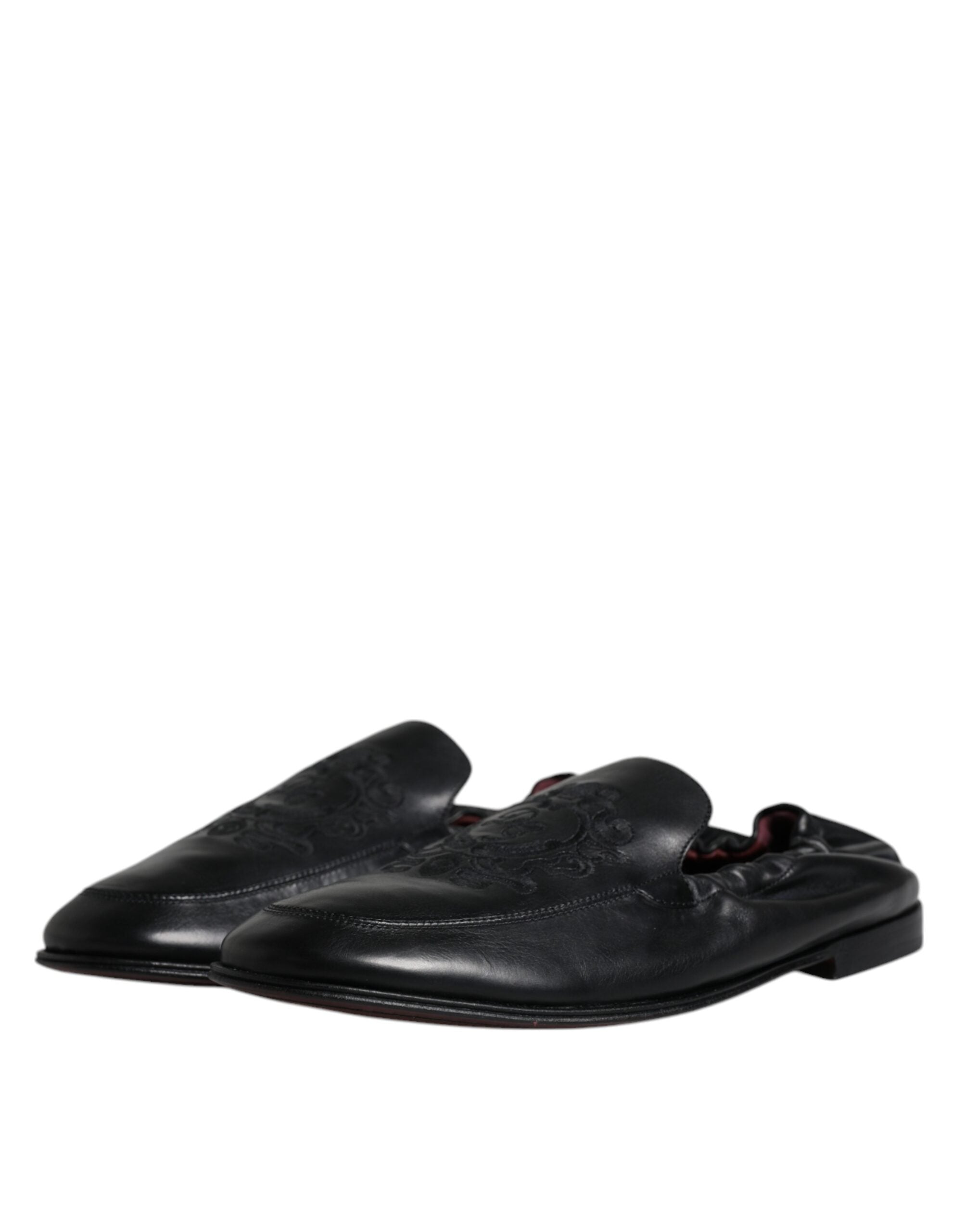 Dolce &amp; Gabbana Black Logo Embroidered Leather Loafer Men Dress Shoes