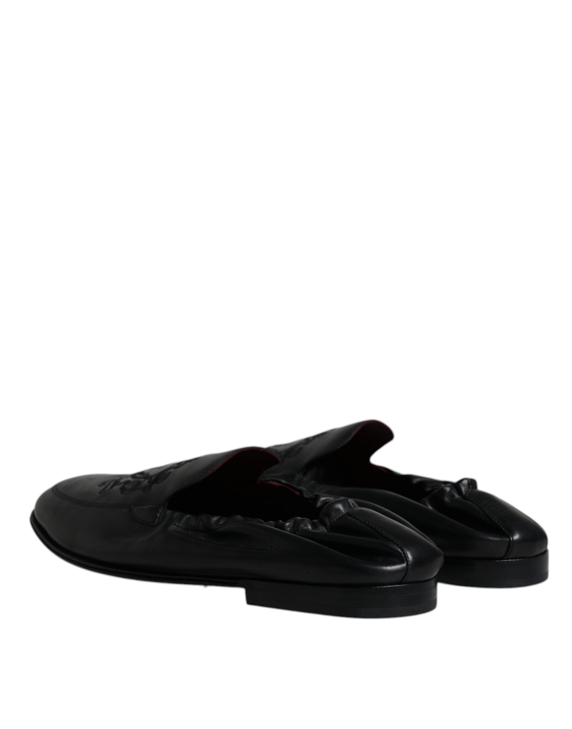 Dolce &amp; Gabbana Black Logo Embroidered Leather Loafer Men Dress Shoes