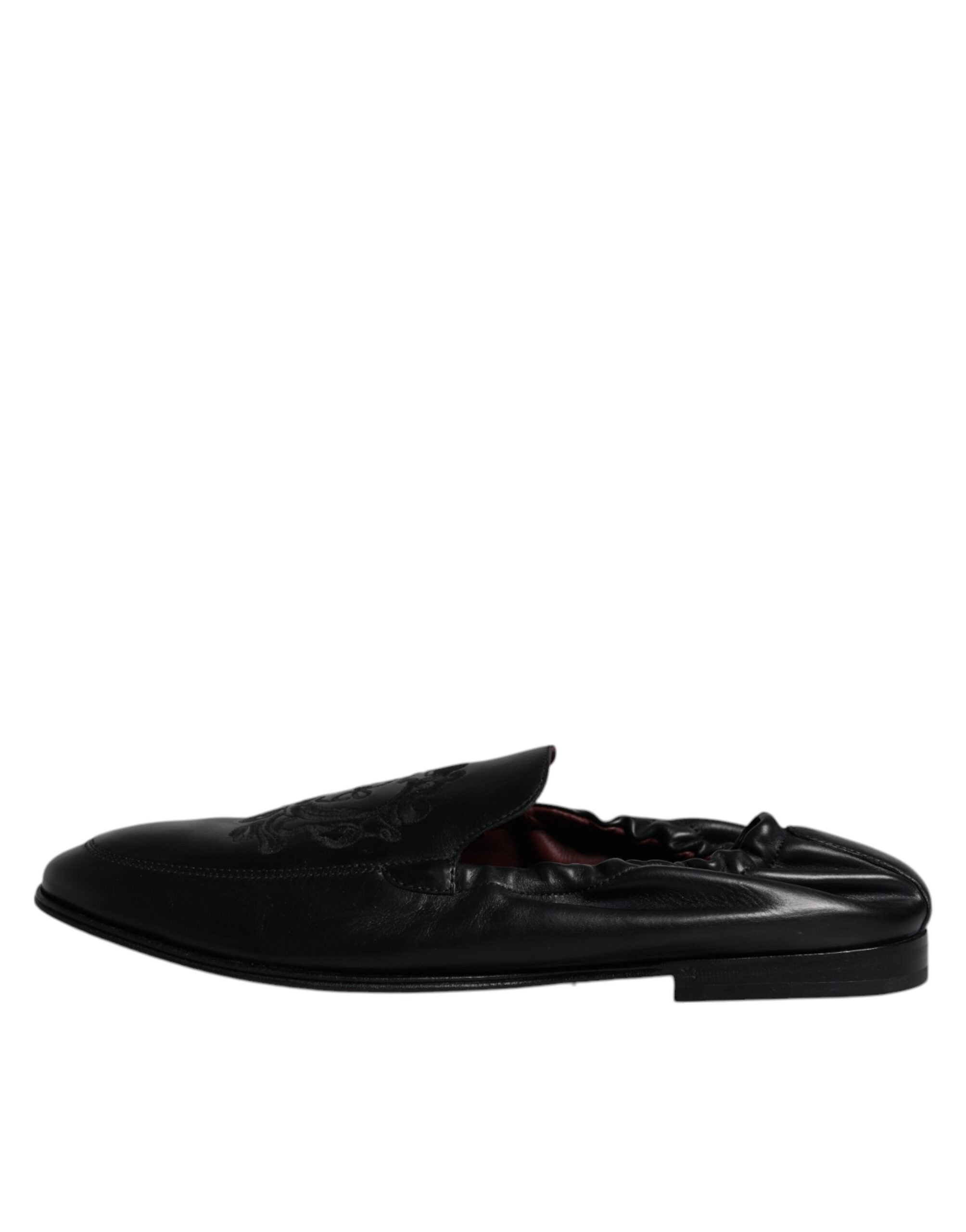 Dolce &amp; Gabbana Black Logo Embroidered Leather Loafer Men Dress Shoes