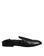 Dolce &amp; Gabbana Black Logo Embroidered Leather Loafer Men Dress Shoes