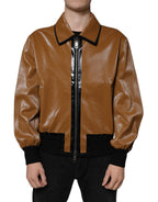 Dolce &amp; Gabbana Brown Leather Full Zip Men Bomber Jacket