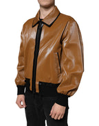 Dolce &amp; Gabbana Brown Leather Full Zip Men Bomber Jacket