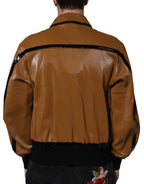 Dolce &amp; Gabbana Brown Leather Full Zip Men Bomber Jacket