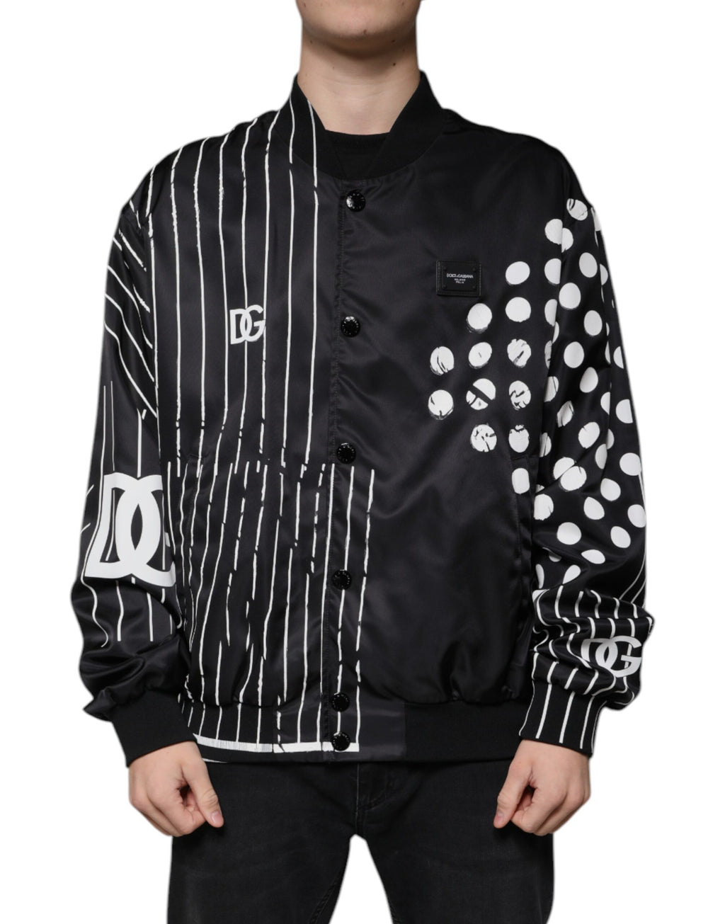 Dolce &amp; Gabbana Black Polka Dot Stripe Nylon Bomber Jacket