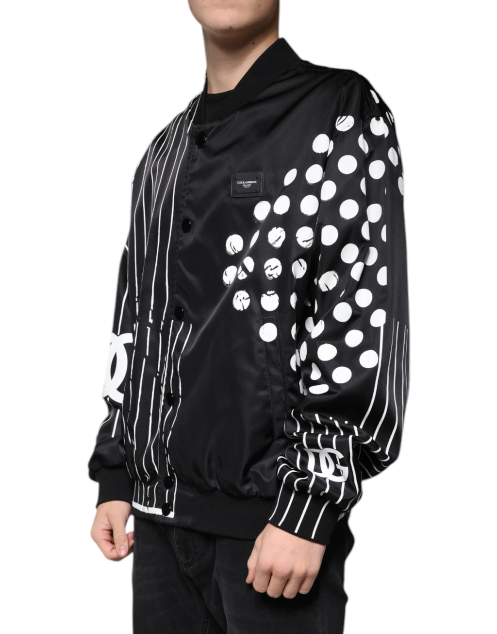Dolce &amp; Gabbana Black Polka Dot Stripe Nylon Bomber Jacket