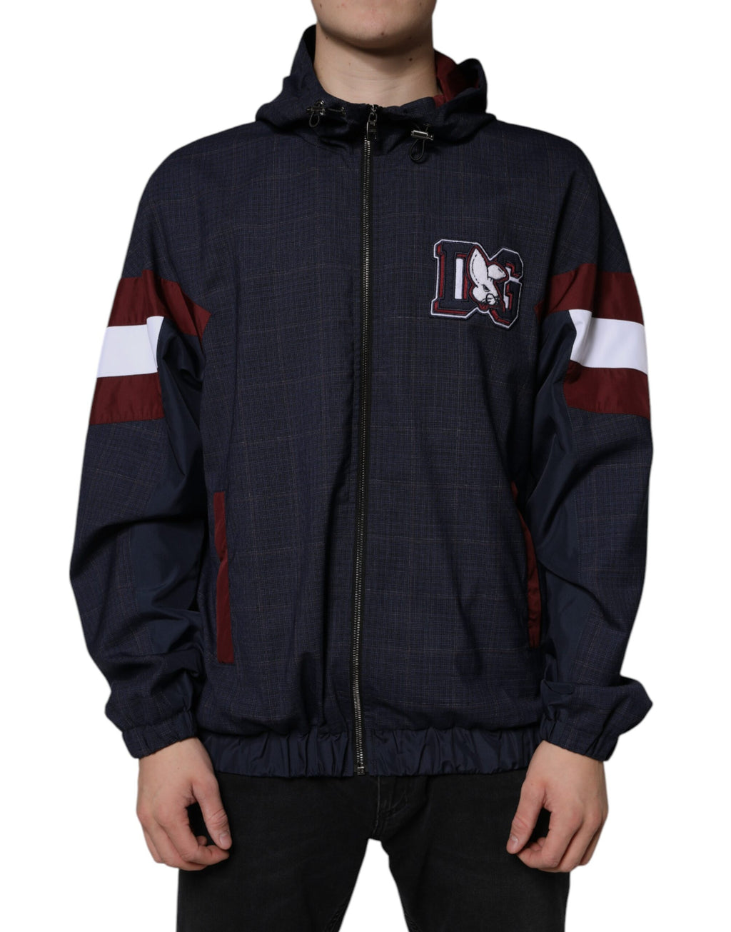 Dolce &amp; Gabbana Blue Logo Full Zip Hooded Men Bomber Jacket