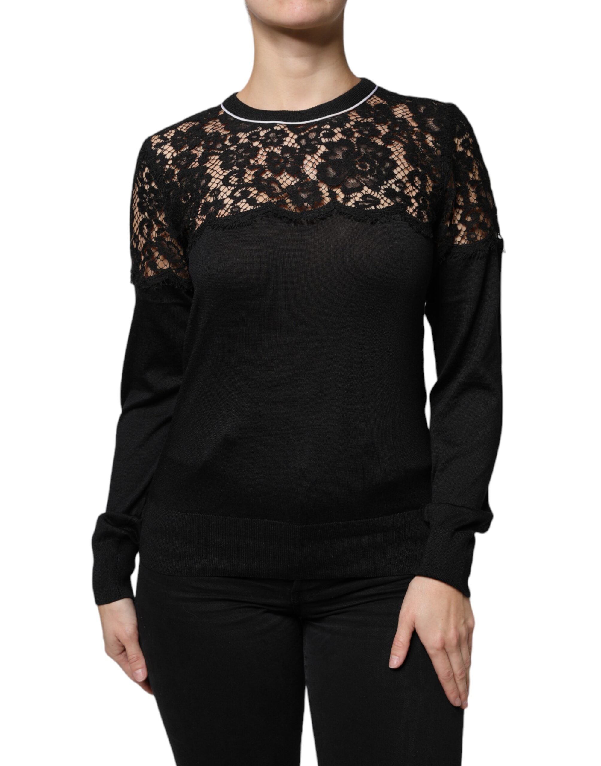 Dolce &amp; Gabbana Black Floral Lace Silk Pullover Blouse Top