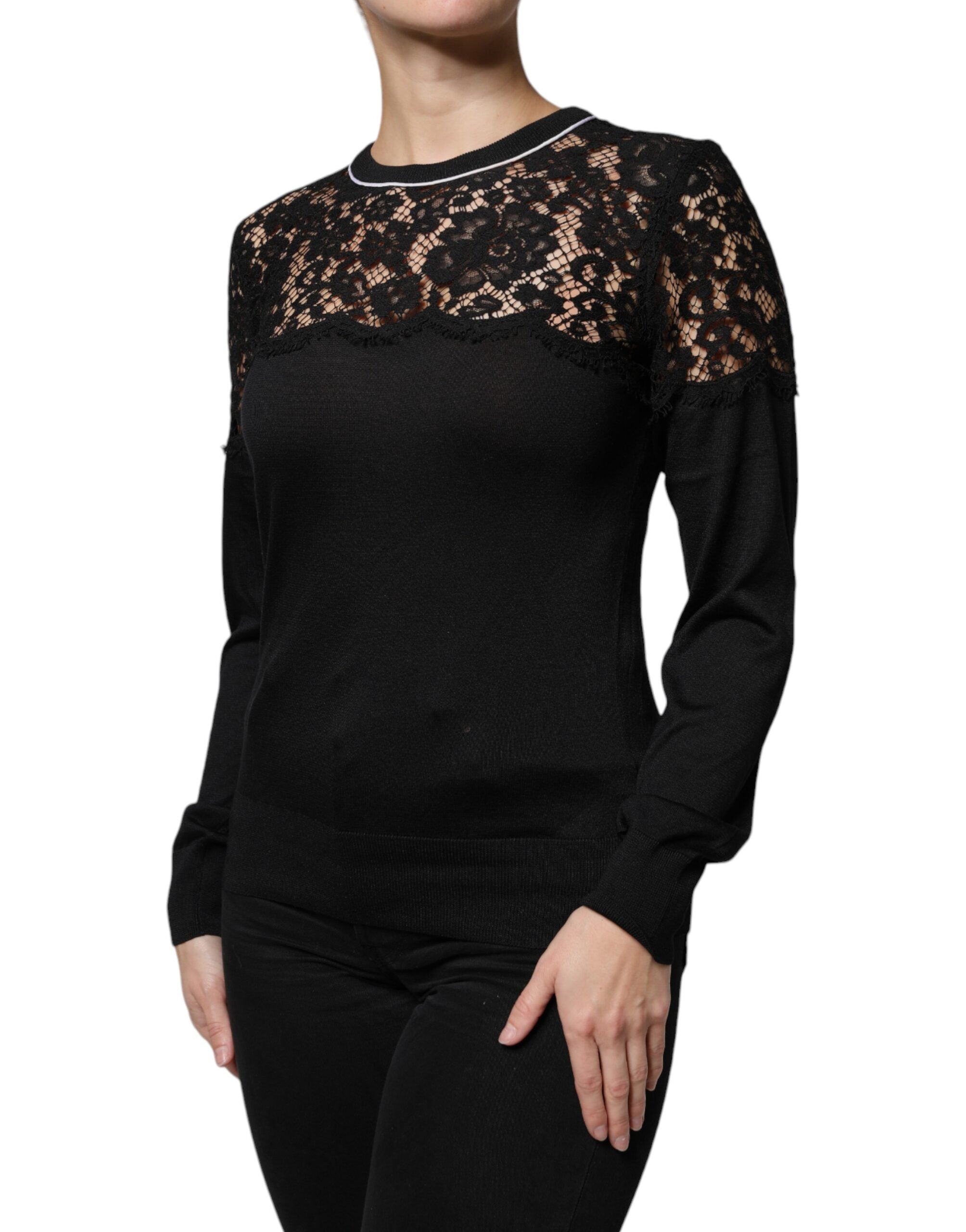 Dolce &amp; Gabbana Black Floral Lace Silk Pullover Blouse Top