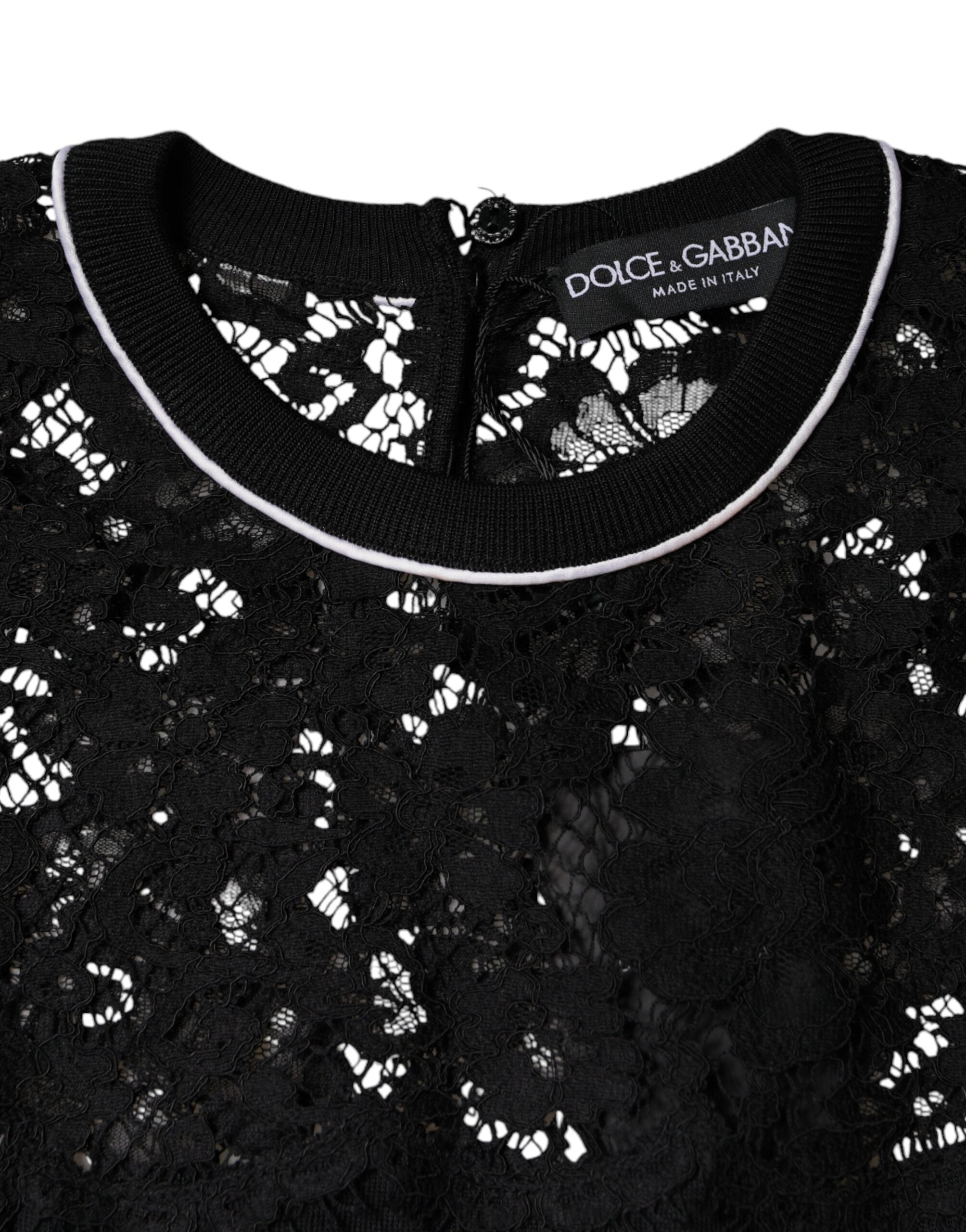 Dolce &amp; Gabbana Black Floral Lace Silk Pullover Blouse Top