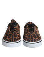 Dolce &amp; Gabbana Brown Leopard Logo Print Cotton Sneakers Shoes